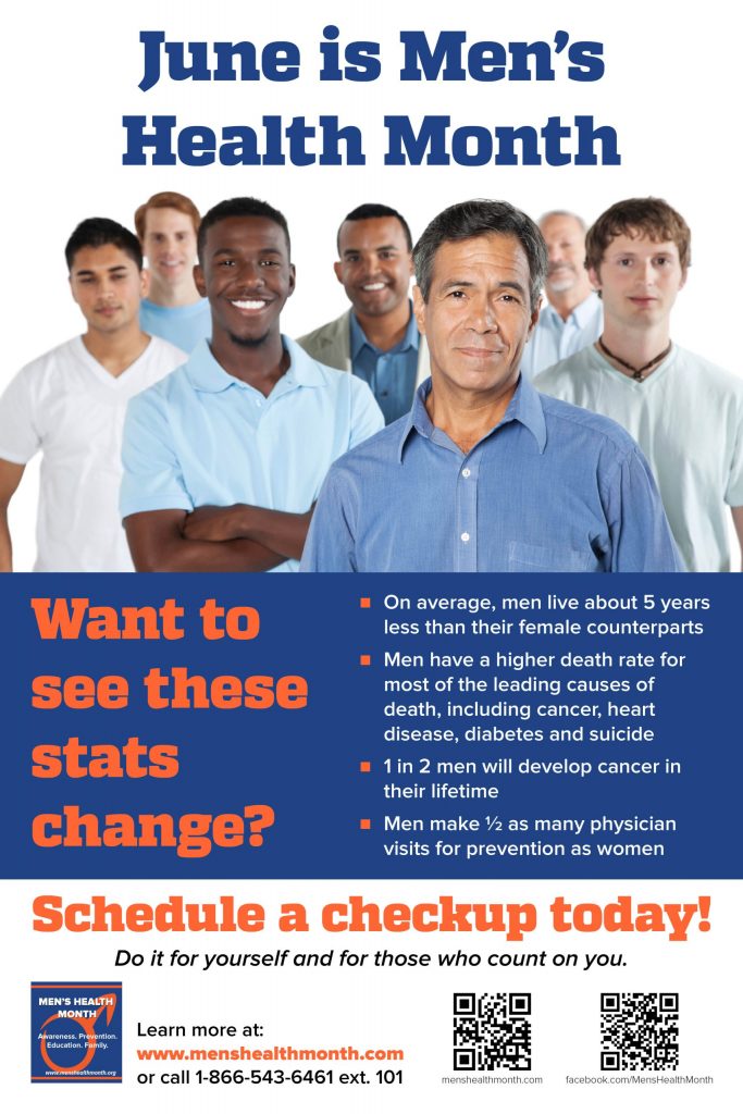 Men's Health Month POster featuring several men and facts about men's health