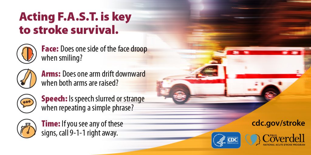 Graphic with picture of an ambulance, describing the FAST way to react to a possible stroke: F – Facial dropping A – Arm weakness S – Speech difficulty T – Time to dial 911
